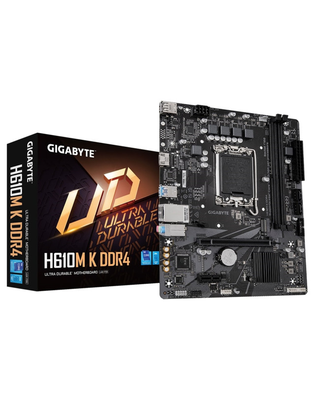 Gigabyte H610M K DDR4 Ultra Durable Intel 1700 Socket Motherboard, Micro-ATX, 2x DDR4 Slots, 1x M.2 Socket, GbE LAN, 1x HDMI Port
