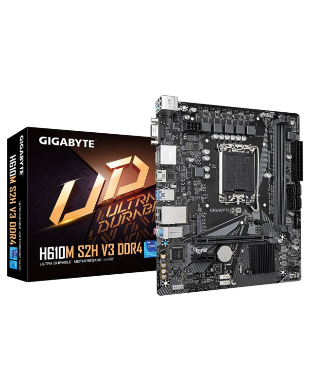 Gigabyte H610M S2H V3 DDR4 Ultra Durable Intel 1700 Socket Motherboard, Micro-ATX, 2x DDR4 Slots, 1x M.2 Socket, GbE LAN, 1x D-Sub / 2x DisplayPorts / 1x HDMI Port