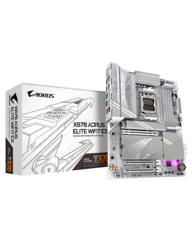 Gigabyte X870 AORUS ELITE WIFI7 ICE AMD AM5 Socket Motherboard, ATX, 4x DDR5 Slots, 4x M.2 Sockets, 3x USB-C Port, Fitted I/O Shield, 2.5GbE LAN, Wi-Fi 7, 2x HDMI Port / 2x USB-C (USB4)