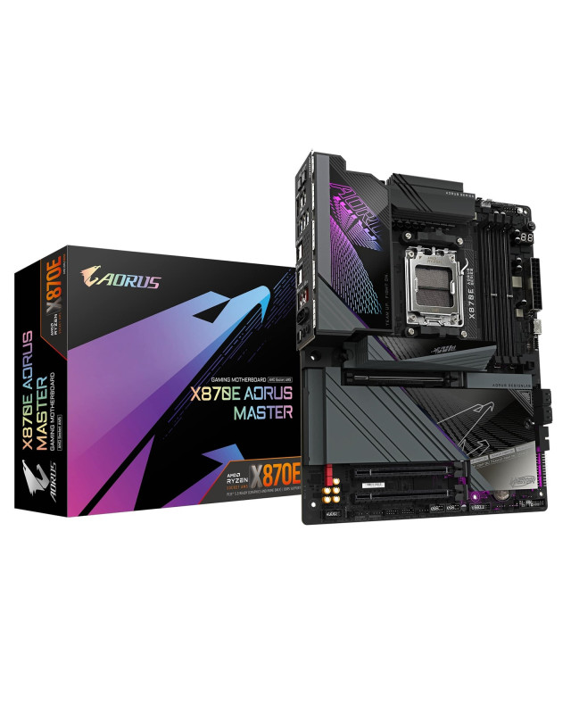 Gigabyte X870E AORUS MASTER AMD AM5 Socket Motherboard, ATX, 4x DDR5 Slots, 4x M.2 Sockets, 3x USB-C Port, Fitted I/O Shield, 5GbE LAN, Wi-Fi 7, 2x HDMI Port / 2x USB-C (USB4)