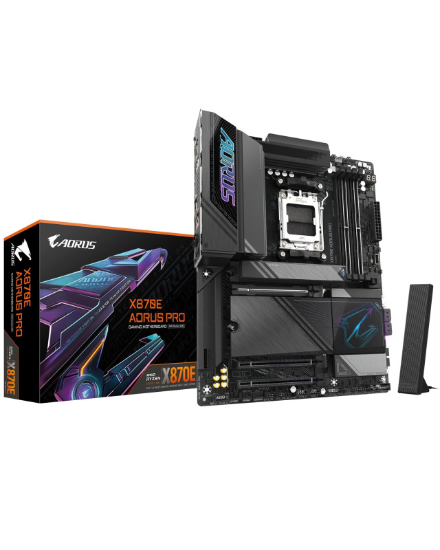 Gigabyte X870E AORUS PRO AMD AM5 Socket Motherboard, ATX, 4x DDR5 Slots, 4x M.2 Sockets, 3x USB-C Port, Fitted I/O Shield, 2.5GbE LAN, Wi-Fi 7, 2x HDMI Port / 2x USB-C (USB4)