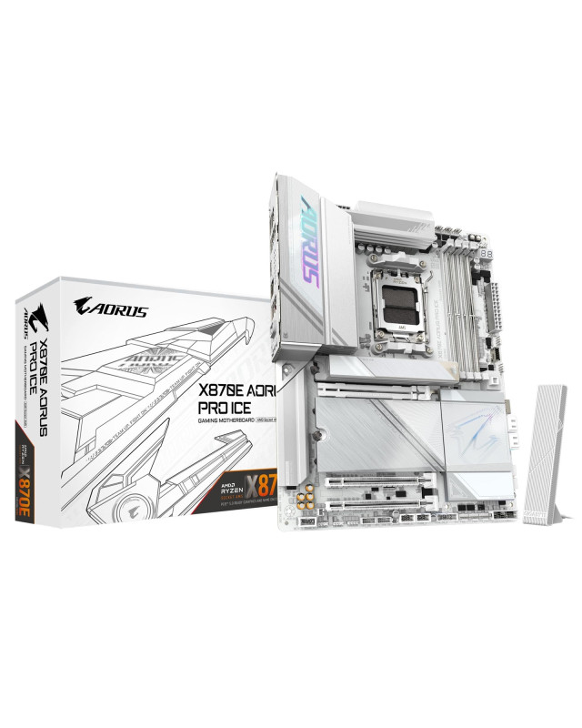Gigabyte X870E AORUS PRO ICE AMD AM5 Socket Motherboard, ATX, 4x DDR5 Slots, 4x M.2 Sockets, 3x USB-C Port, Fitted I/O Shield, 2.5GbE LAN, Wi-Fi 7, 2x HDMI Port / 2x USB-C (USB4)