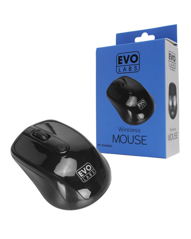 Evo Labs MO-234WBLK Wireless Mouse, 2.4GHz with USB Mini Receiver, 800 DPI Optical Tracking, Ambidextrous Design for PC / Mac / Laptop, Gloss Black