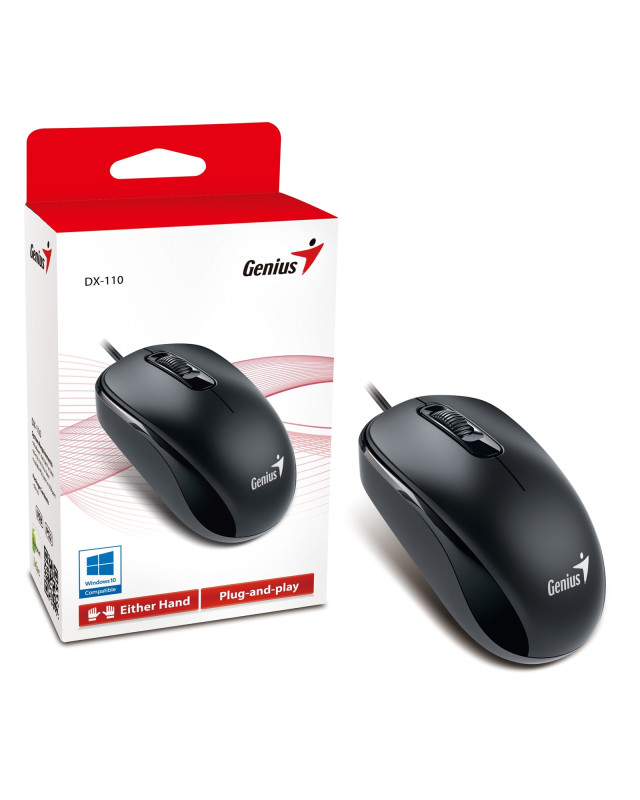 Genius DX-110 Wired USB Plug and Play Mouse, 1000 DPI Optical Tracking, 3 Button with Scroll Wheel, Ambidextrous Design with 1.5m Cable, Black