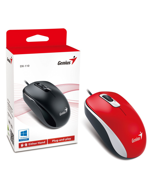 Genius DX-110 Wired USB Plug and Play Mouse, 1000 DPI Optical Tracking, 3 Button with Scroll Wheel, Ambidextrous Design with 1.5m Cable, Red