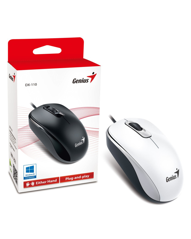 Genius DX-110 Wired USB Plug and Play Mouse, 1000 DPI Optical Tracking, 3 Button with Scroll Wheel, Ambidextrous Design with 1.5m Cable, White