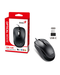 Genius DX-120 Wired USB Type-C Plug and Play Mouse, 1200 DPI Optical Tracking, 3 Button with Scroll Wheel, Ambidextrous Design with 1.5m Cable, Black