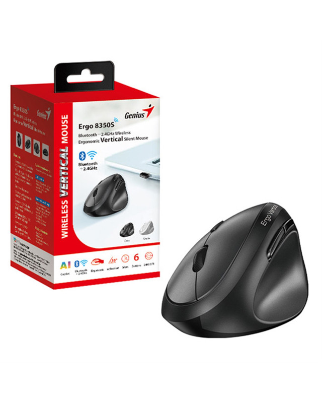Genius Ergo 8350S Wireless Ergonomic Vertical Mouse, Blutooth & 2.4 GHz, Adjustable DPI levels up to 2400 DPI, 5 Button with Scroll Wheel, Dark Grey