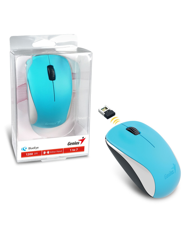 Genius NX-7000 Wireless Mouse, 2.4 GHz with USB Pico Receiver, Adjustable DPI levels up to 1200 DPI, 3 Button with Scroll Wheel, Ambidextrous Design, Blue