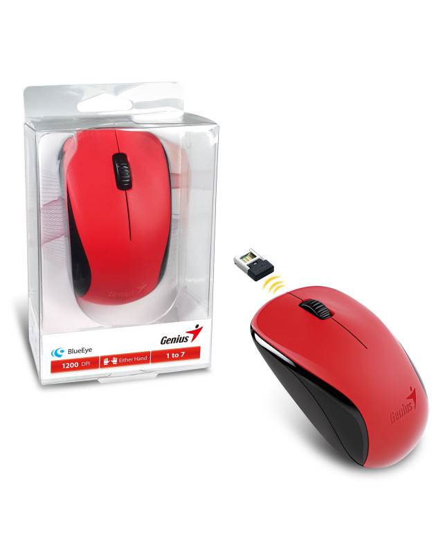 Genius NX-7000 Wireless Mouse, 2.4 GHz with USB Pico Receiver, Adjustable DPI levels up to 1200 DPI, 3 Button with Scroll Wheel, Ambidextrous Design, Red