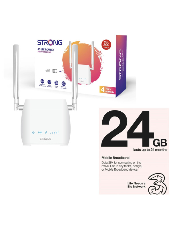 Strong 4GROUTER300MUK 4G LTE CAT4 Unlocked Mobile Broadband Wireless Router (Including 1 x Three 3G 4G & 5G-Ready 24GB Prepaid Mobile Broadband Trio SIM Card)