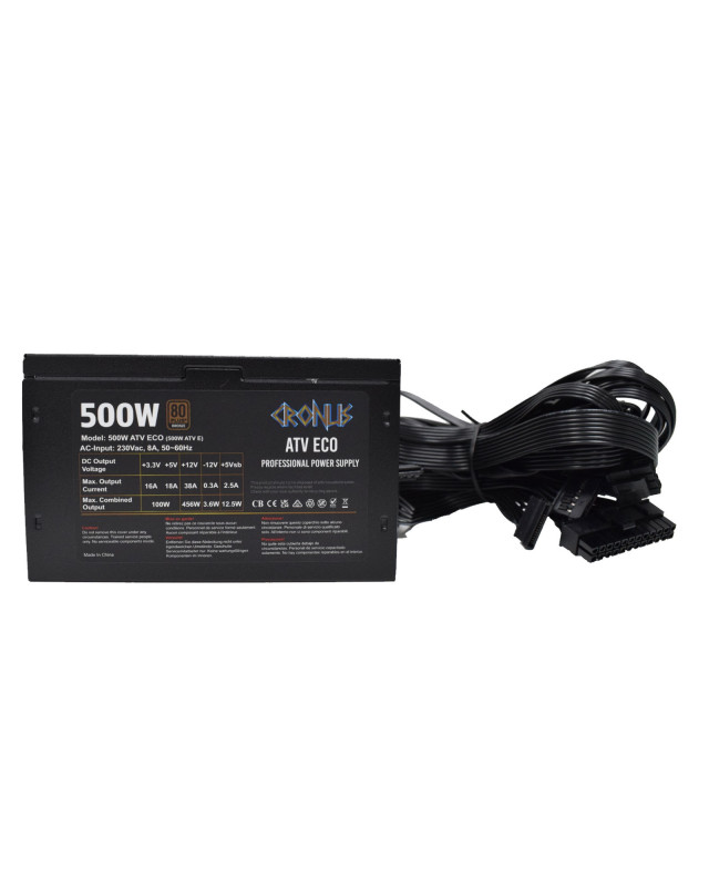CRONUS 500W ATV ECO PSU, 120mm Silent Cooling Fan, 80 PLUS Bronze, Non Modular, Flat Black Cables, White Box