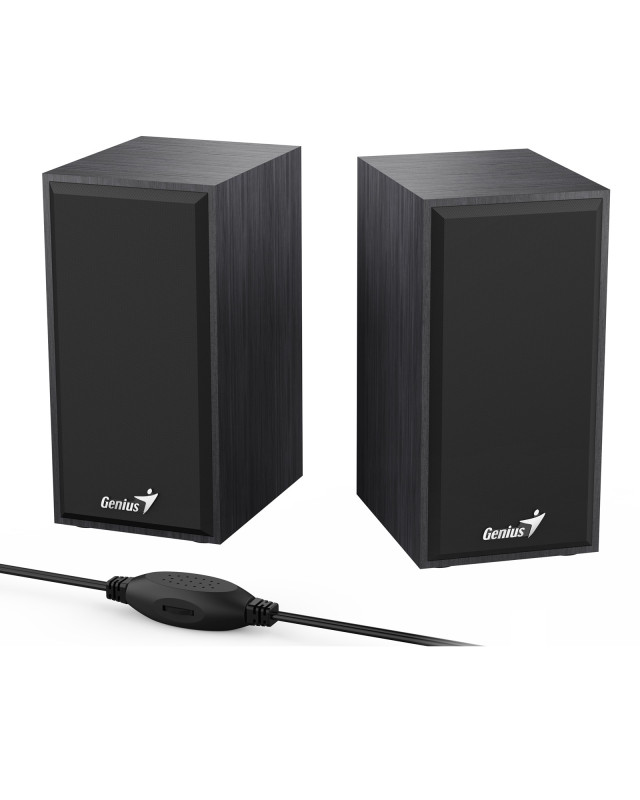 Genius SP-HF180 6W Wooden Desktop USB 2.0 Stereo Speakers with 3.5mm Audio Jack & Volume Control, Black