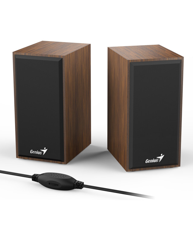 Genius SP-HF180 6W Wooden Desktop USB 2.0 Stereo Speakers with 3.5mm Audio Jack & Volume Control, Natural Wood