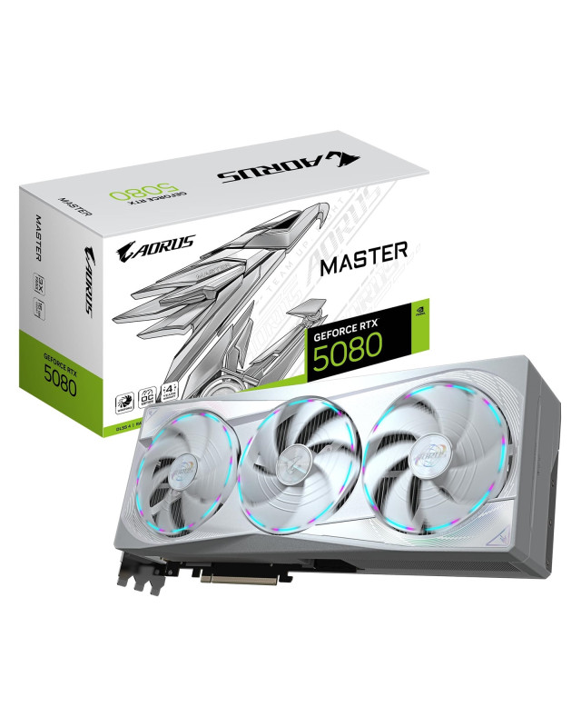 Gigabyte NVIDIA GeForce RTX 5080 AORUS MASTER ICE 16G Graphics Card, 16GB GDDR7, 10752 CUDA Cores, 2805 MHz Core Clock, Triple Fan, White, RGB, 3x DisplayPorts / 1x HDMI Port