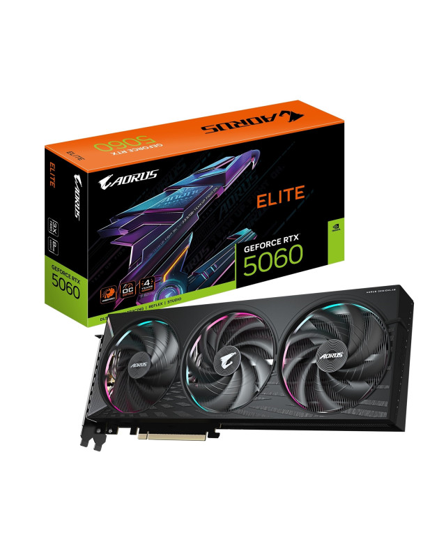 AORUS GeForce RTX 5060 ELITE GDDR7 Graphics Card, 3840 CUDA Cores, 2722 MHz Core Clock, Triple Fan, 3x DisplayPorts / 1x HDMI Port