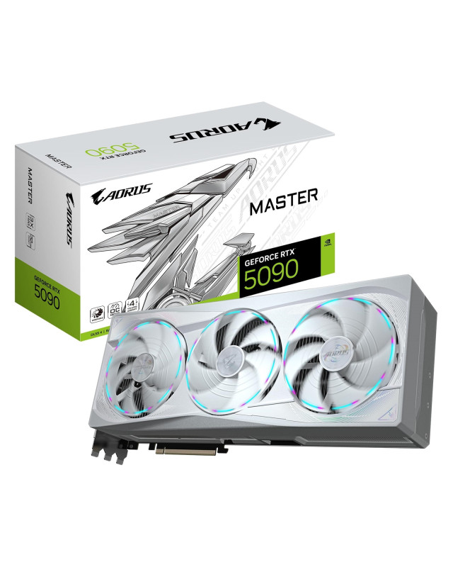 Gigabyte NVIDIA GeForce RTX 5090 AORUS MASTER ICE 32G Graphics Card, 32GB GDDR7, 21760 CUDA Cores, 2655 MHz Core Clock, Triple Fan, White, RGB, 3x DisplayPorts / 1x HDMI Port