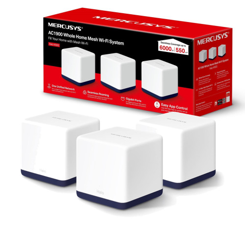 Mercusys Halo H50G (3-pack) AC1900 Whole Home Mesh Wi-Fi System, 600 Mbps at 2.4 GHz + 1300 Mbps at 5 GHz, 3x Internal Antennas,