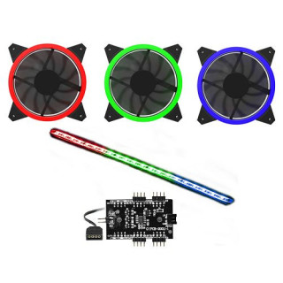 GameMax RGB Kit - 3x 12cm Single Colour LED Velocity Fans, 300mm Viper Single Colour LED Strip, RGB Lighting Hub, Brown Box