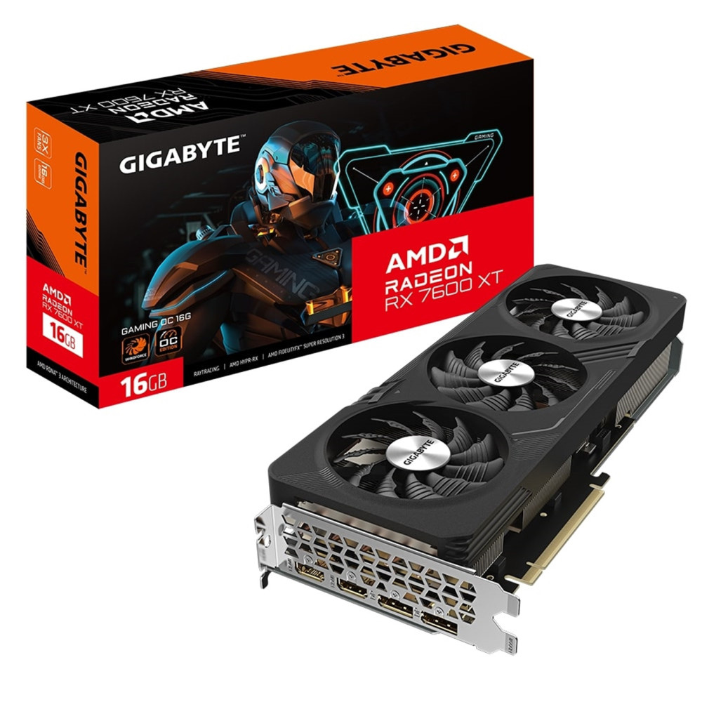 Gigabyte AMD Radeon RX 7600 XT GAMING OC Graphics Card, 16GB GDDR6, 2048 Streams, 2810 MHz Boost Clock, Triple Fan, RGB, 2x Disp