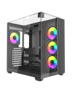 Vida Visio Black ARGB Gaming Cube Case w/ Glass Side, Front & Top, ATX, 4x ARGB PWM Fans, 6-Port Fan Hub & Remote Control, USB-C, Asus BTF Compatible