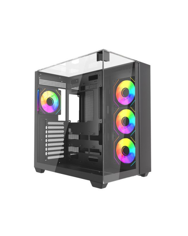 Vida Visio Black ARGB Gaming Cube Case w/ Glass Side, Front & Top, ATX, 4x ARGB PWM Fans, 6-Port Fan Hub & Remote Control, USB-C, Asus BTF Compatible